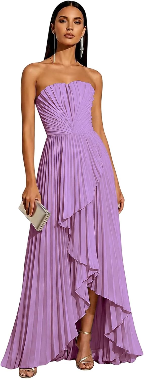 Strapless Chiffon Evening Dress with Pleats and Cascading Ruffle Hem