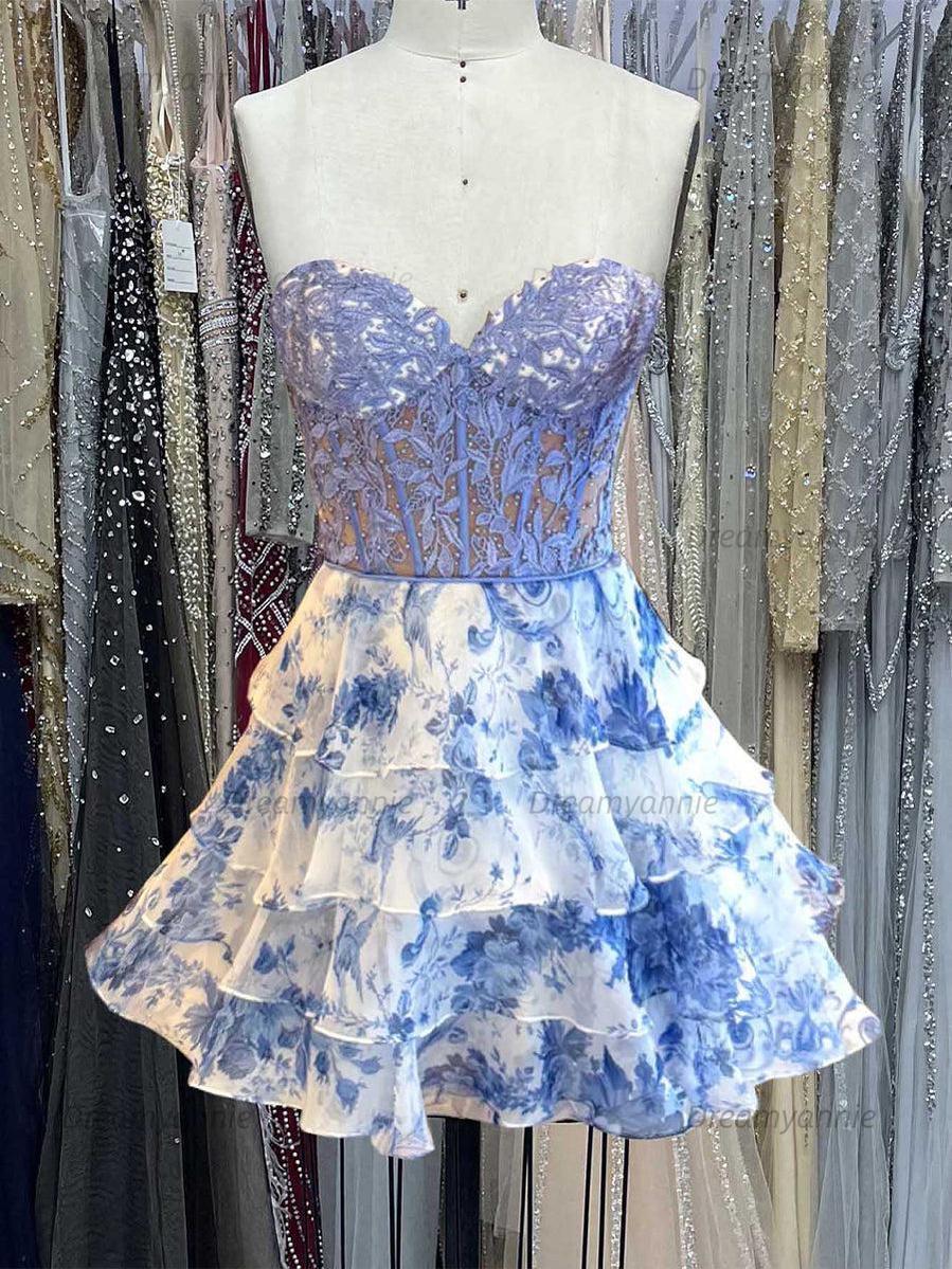 Strapless Printing Sheer Bodice Tiered Short Homecoming Dress