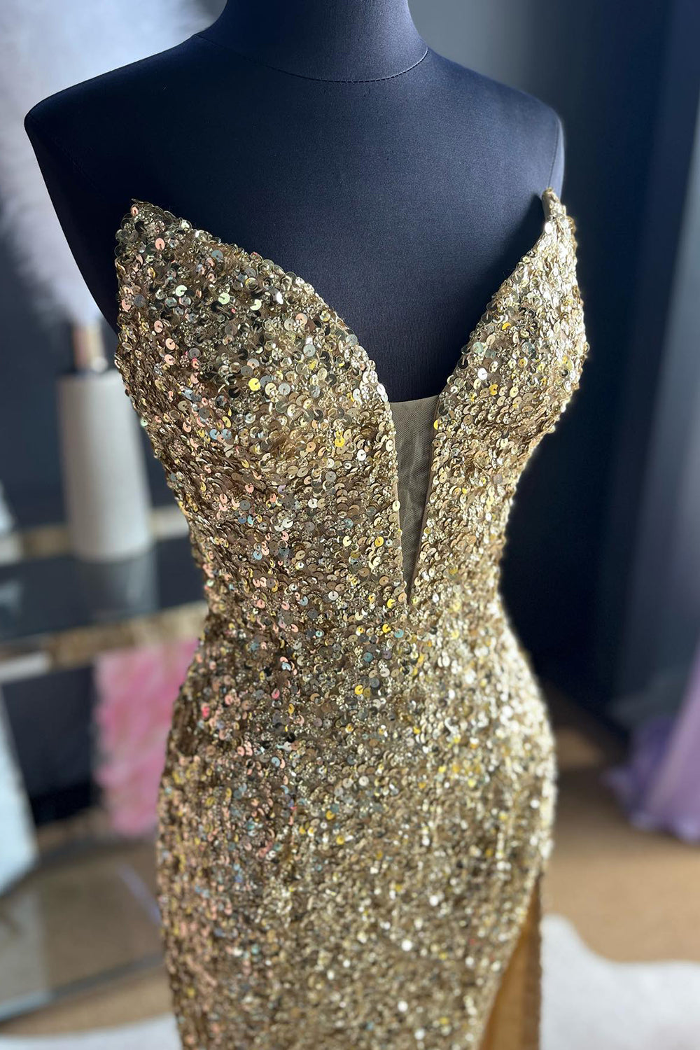 Strapless Prom Dress Sequin Evening Dress with Slit