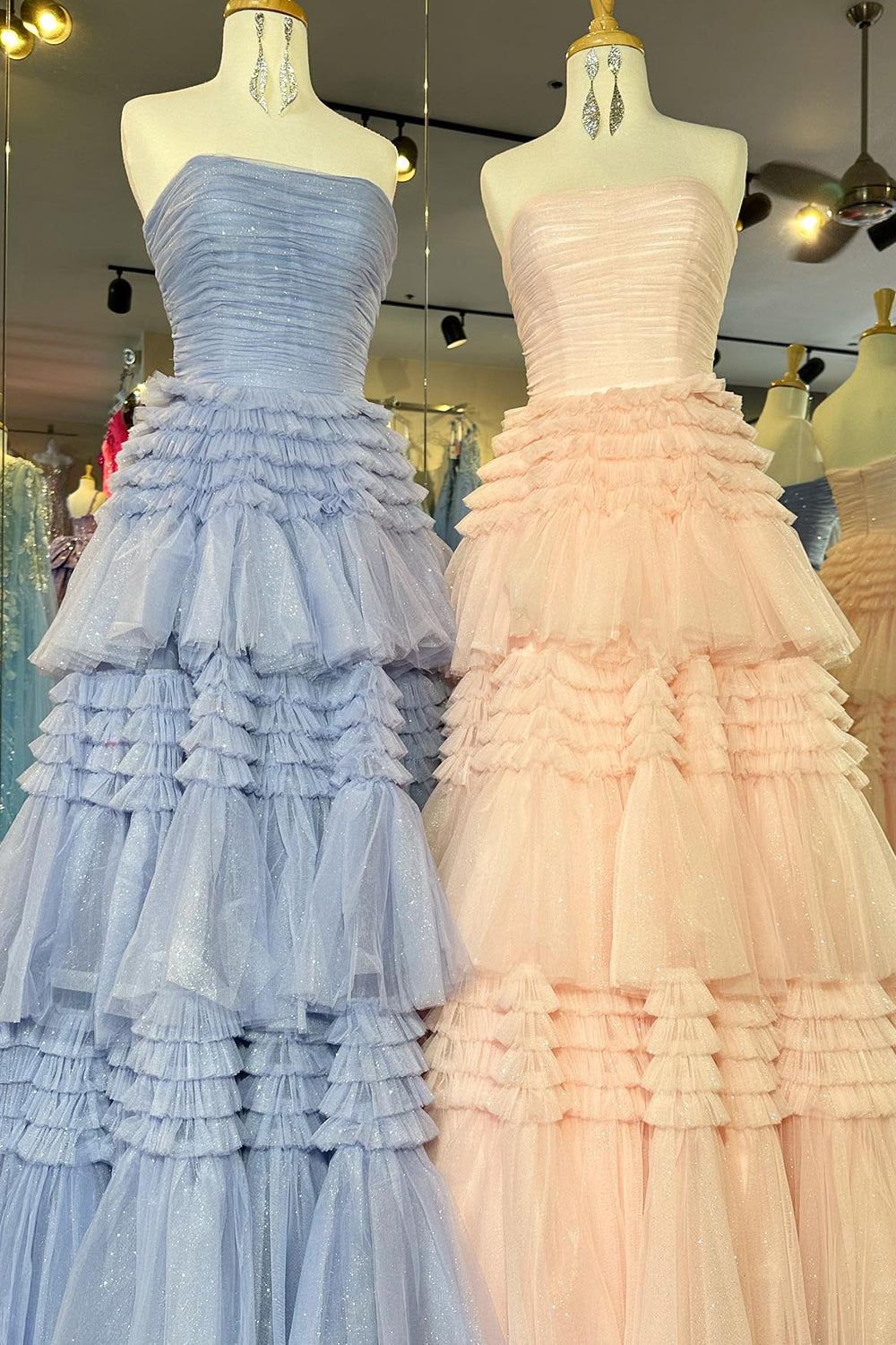 Strapless Prom Dress Tulle Long Tiered Cocktail Dress with Slit