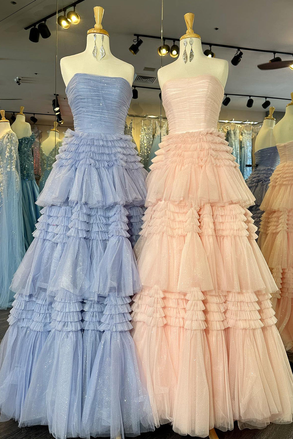 Strapless Prom Dress Tulle Long Tiered Cocktail Dress with Slit