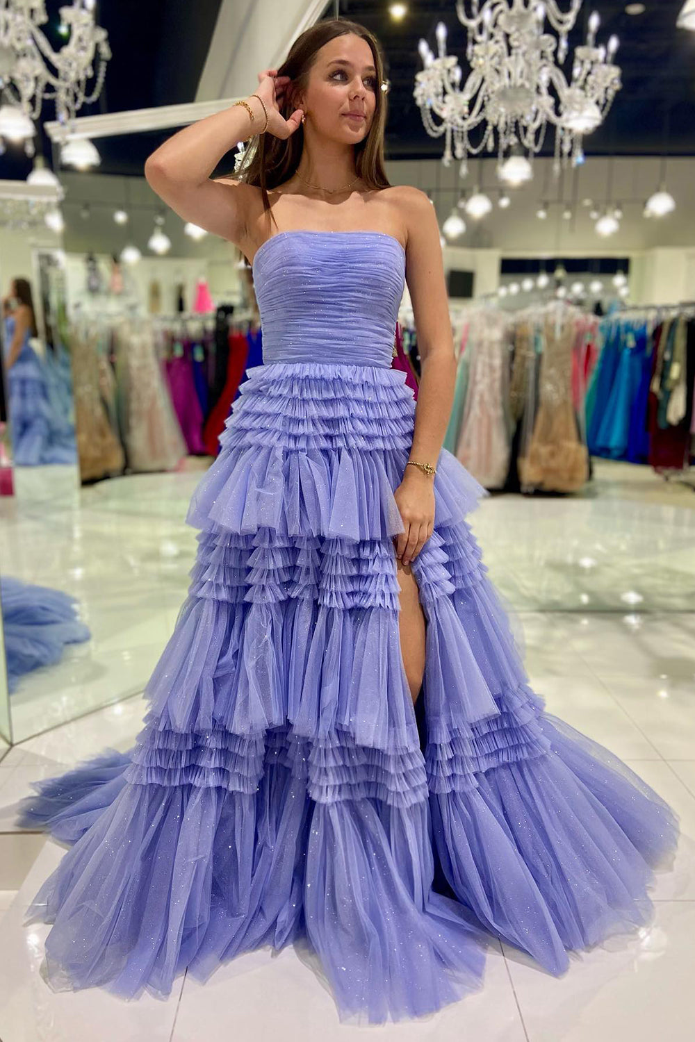 Strapless Prom Dress Tulle Long Tiered Cocktail Dress with Slit