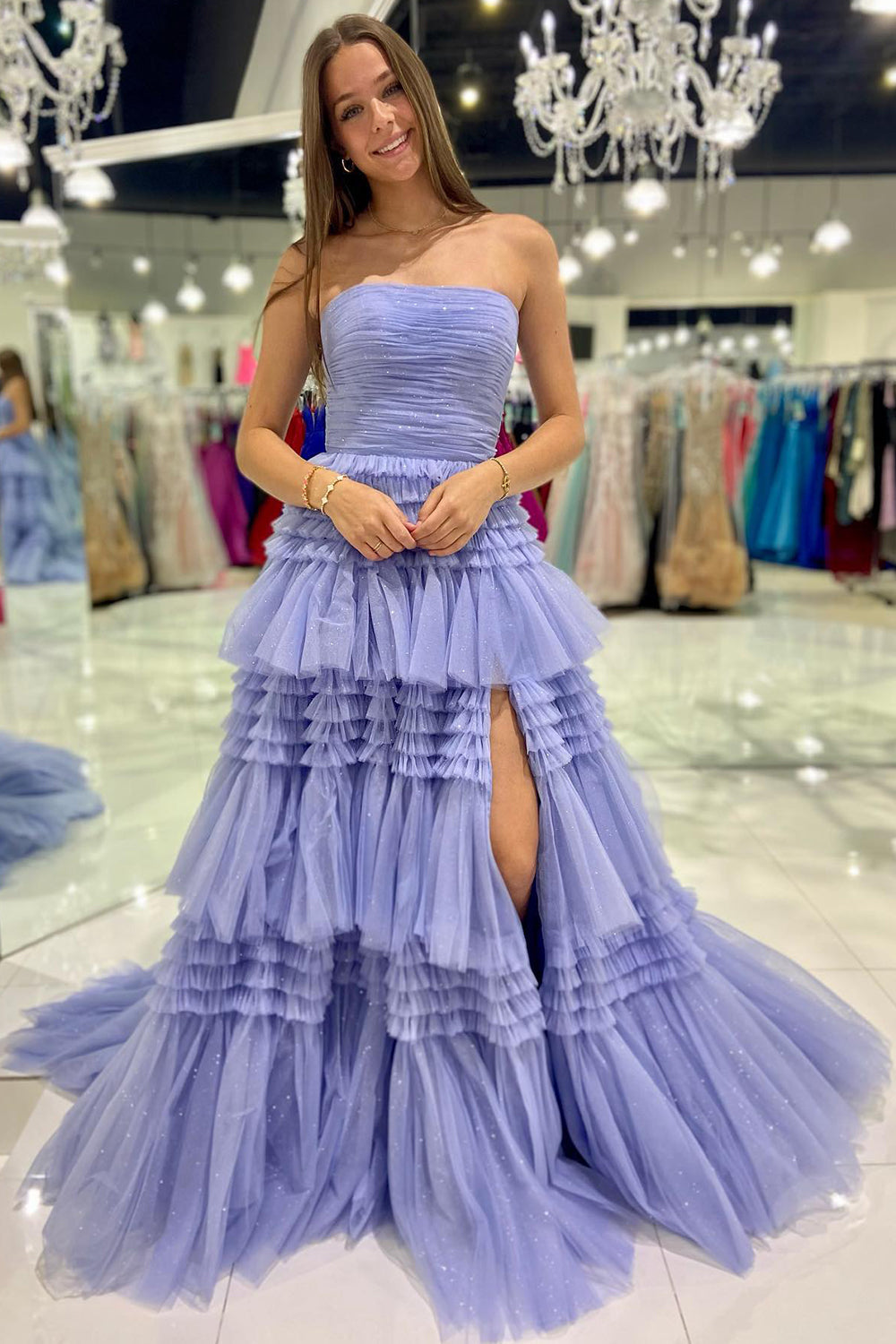 Strapless Prom Dress Tulle Long Tiered Cocktail Dress with Slit