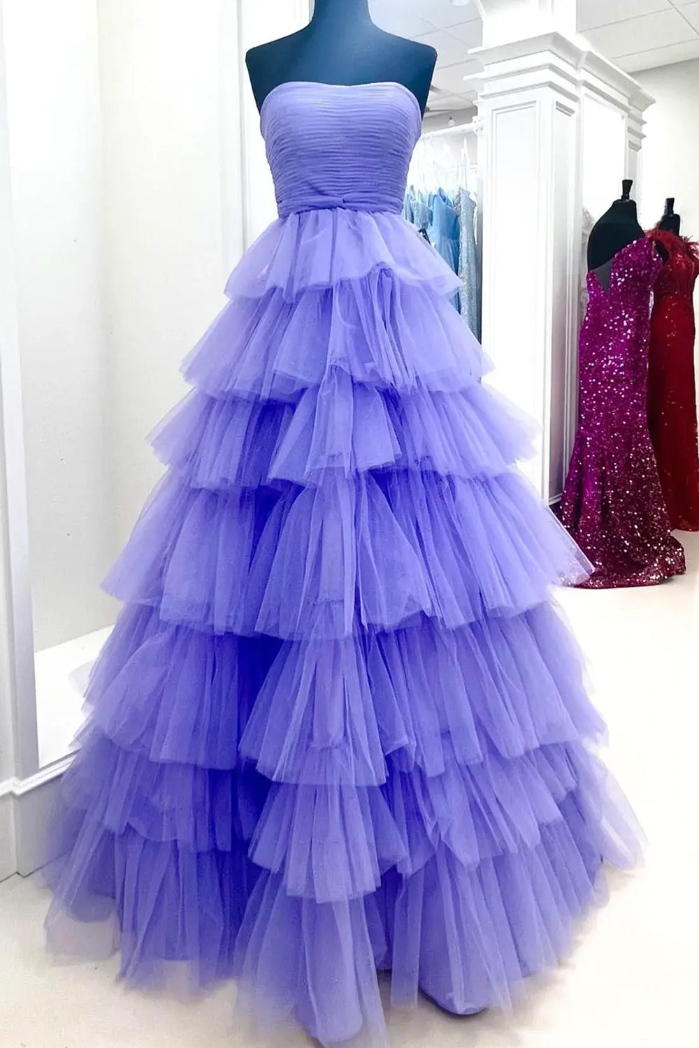Strapless Prom Dress Tulle Long Tiered Cocktail Dress with Slit