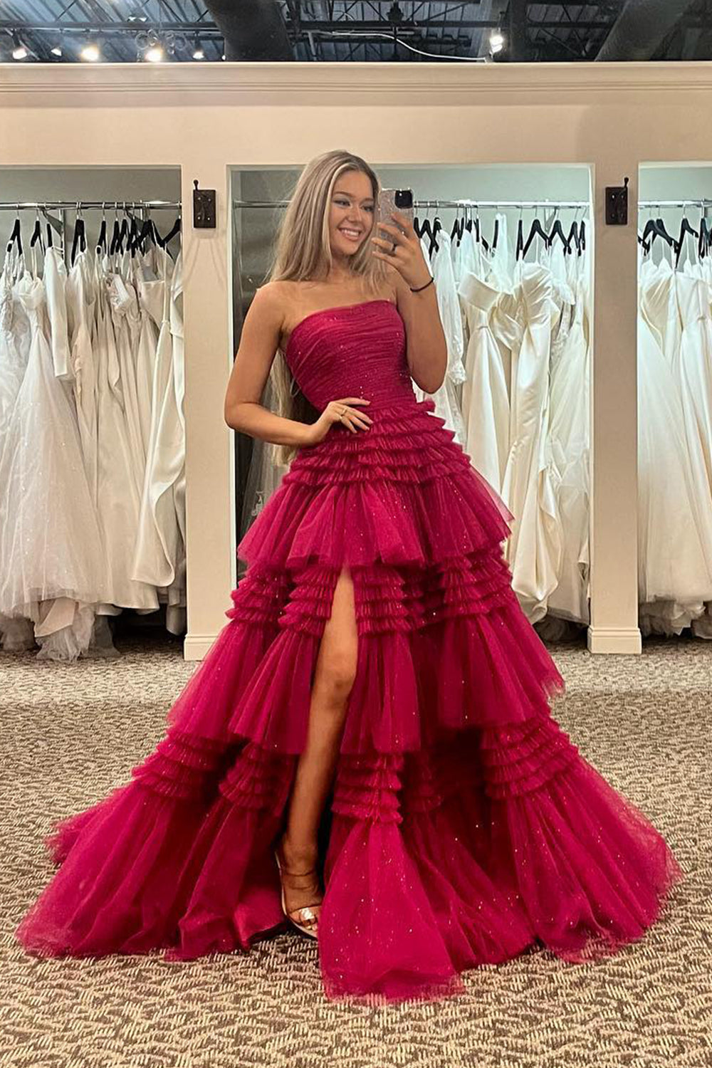Strapless Prom Dress Tulle Long Tiered Cocktail Dress with Slit