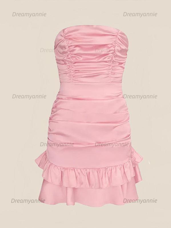 Strapless Ruched Bow Back Homecoming Dress with Ruffle