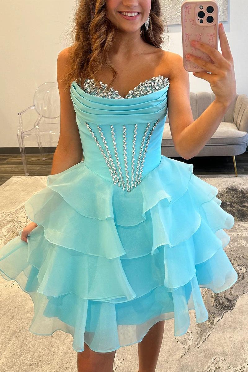 Strapless Ruffle Tiered Short Homecoming Dress with Crystal