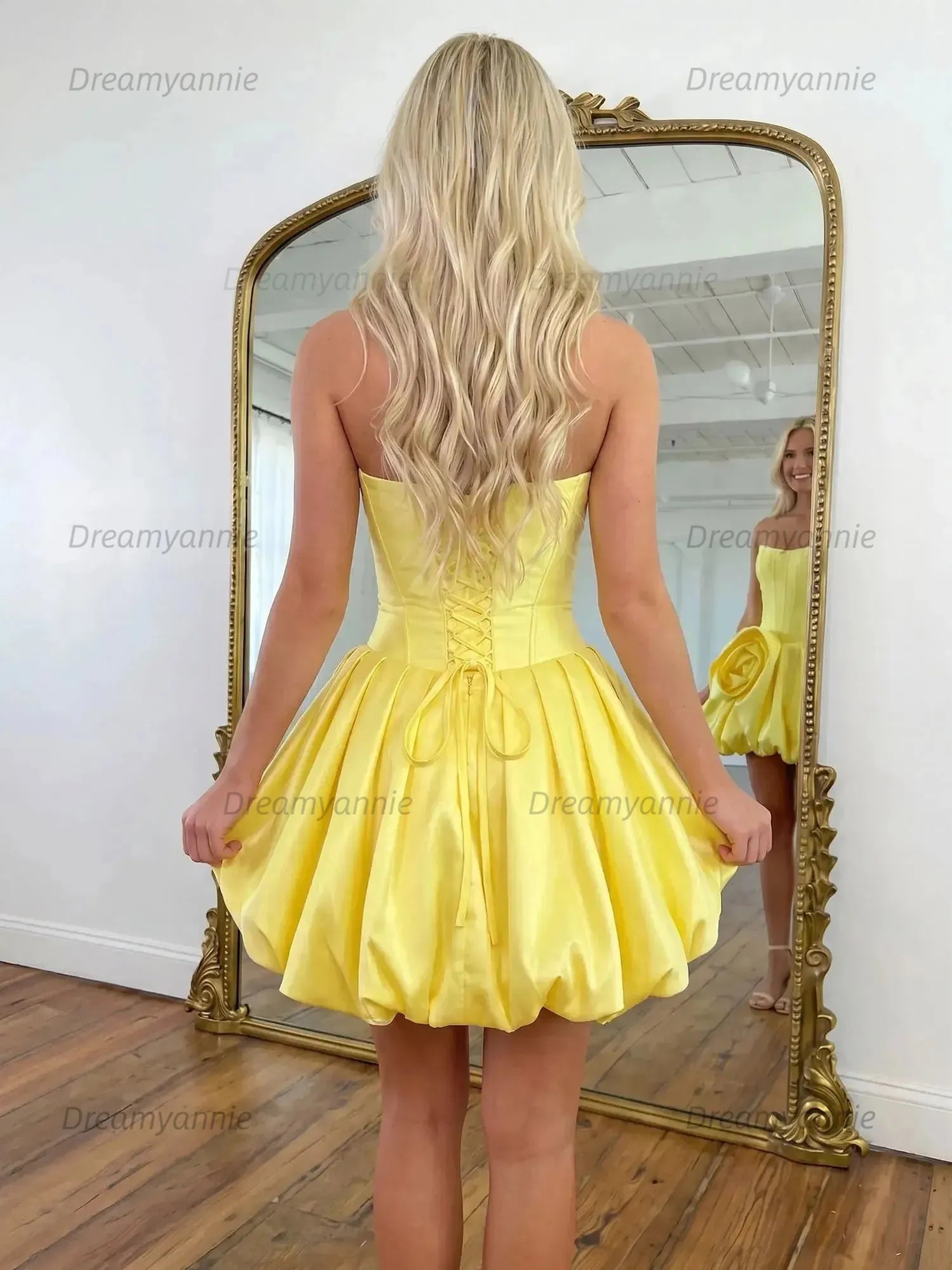 Strapless Satin Corset Bubble Dress with Oversized Rosette Homecoming Dresses
