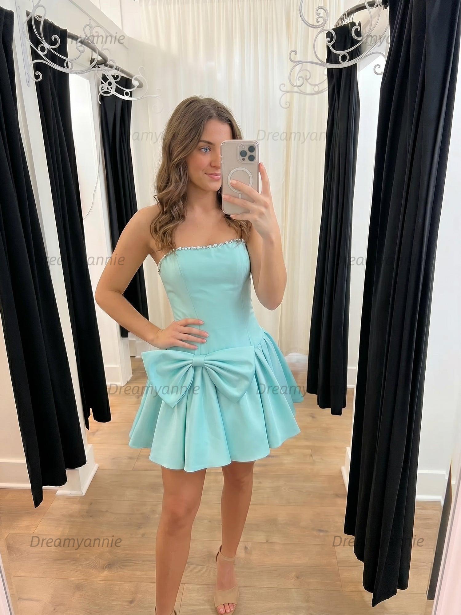 Strapless Satin Homecoming Dresses Mini Cocktail Dresses with Oversized Waist Bow