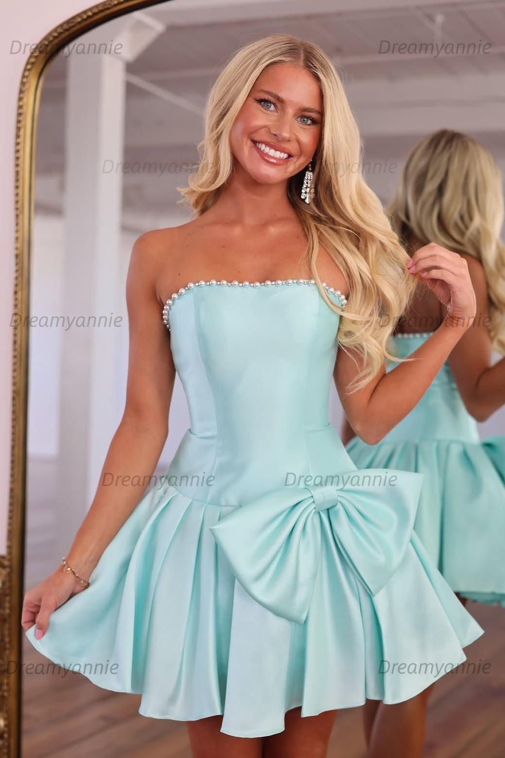 Strapless Satin Homecoming Dresses Mini Cocktail Dresses with Oversized Waist Bow