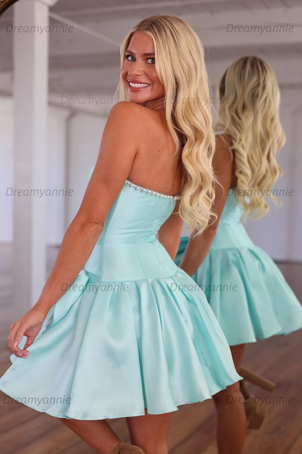 Strapless Satin Homecoming Dresses Mini Cocktail Dresses with Oversized Waist Bow
