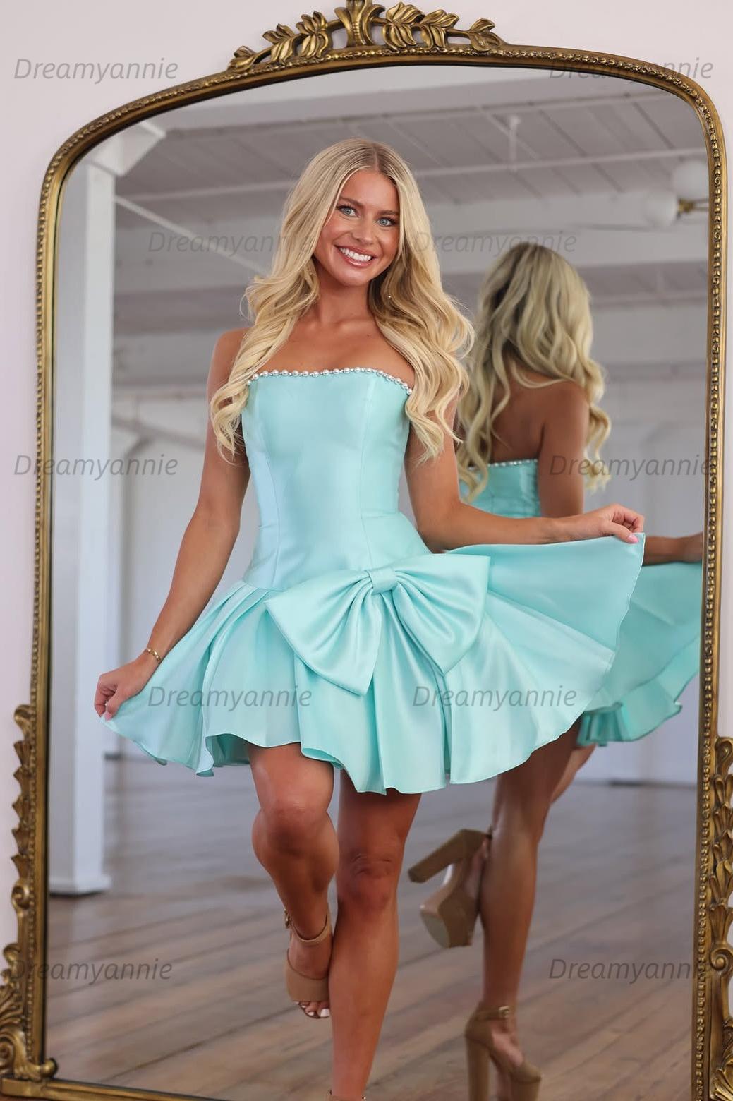 Strapless Satin Homecoming Dresses Mini Cocktail Dresses with Oversized Waist Bow