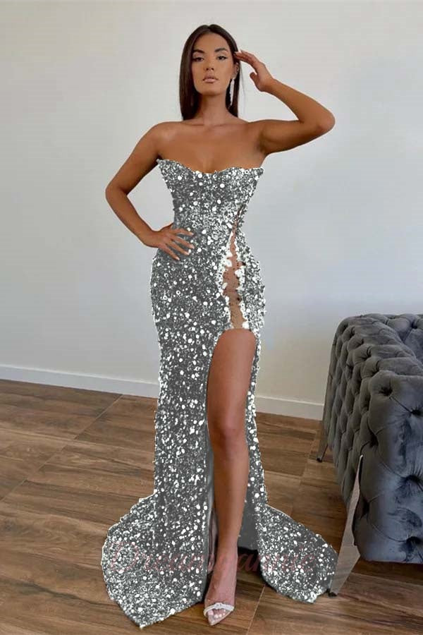 Strapless Sequined Prom Dress Mermaid Beaded Evening Dress With Split
