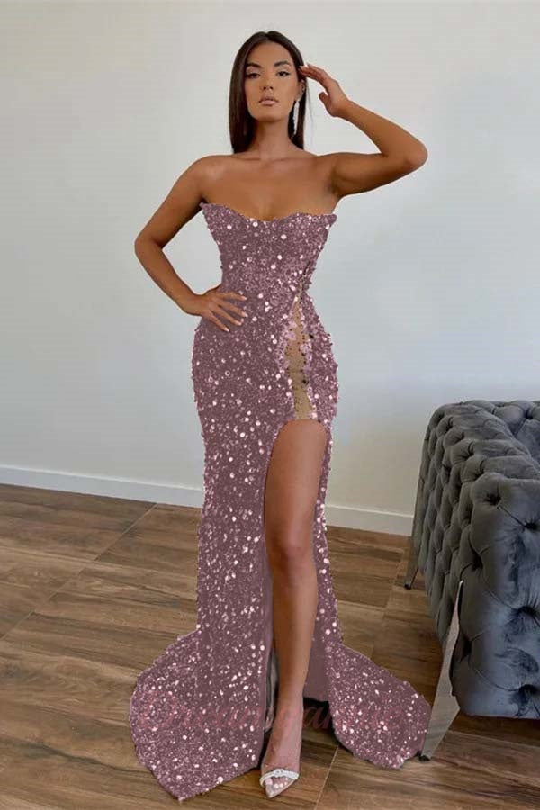 Strapless Sequined Prom Dress Mermaid Beaded Evening Dress With Split