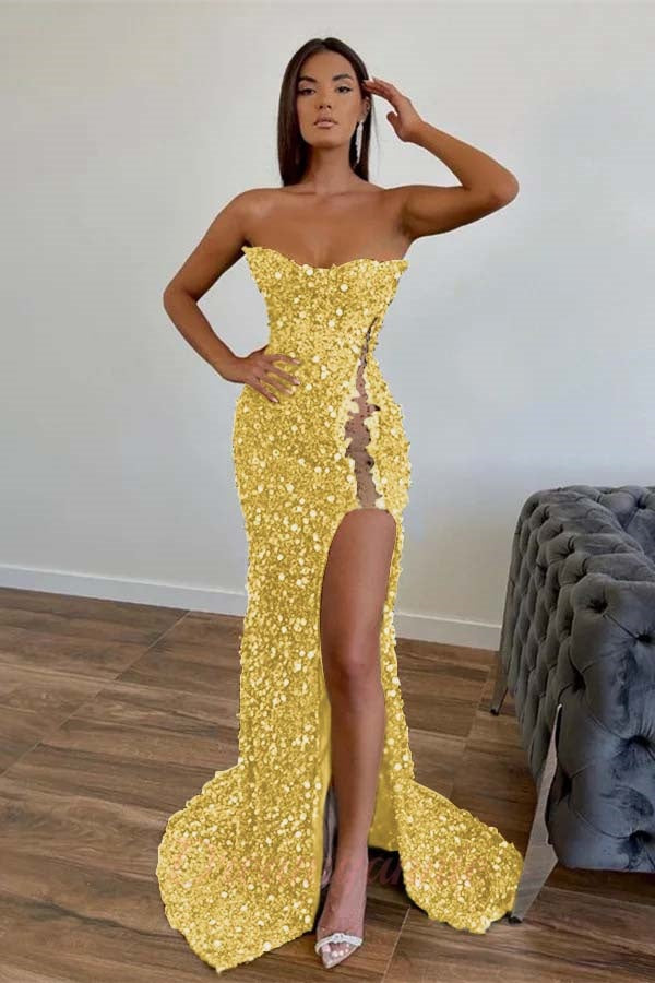 Strapless Sequined Prom Dress Mermaid Beaded Evening Dress With Split