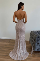 Strapless Sequined Prom Dress Mermaid Beaded Evening Dress With Split