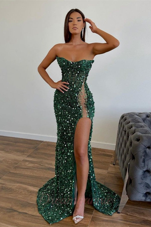 Strapless Sequined Prom Dress Mermaid Beaded Evening Dress With Split