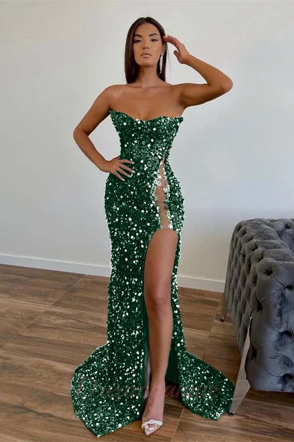 Strapless Sequined Prom Dress Mermaid Beaded Evening Dress With Split