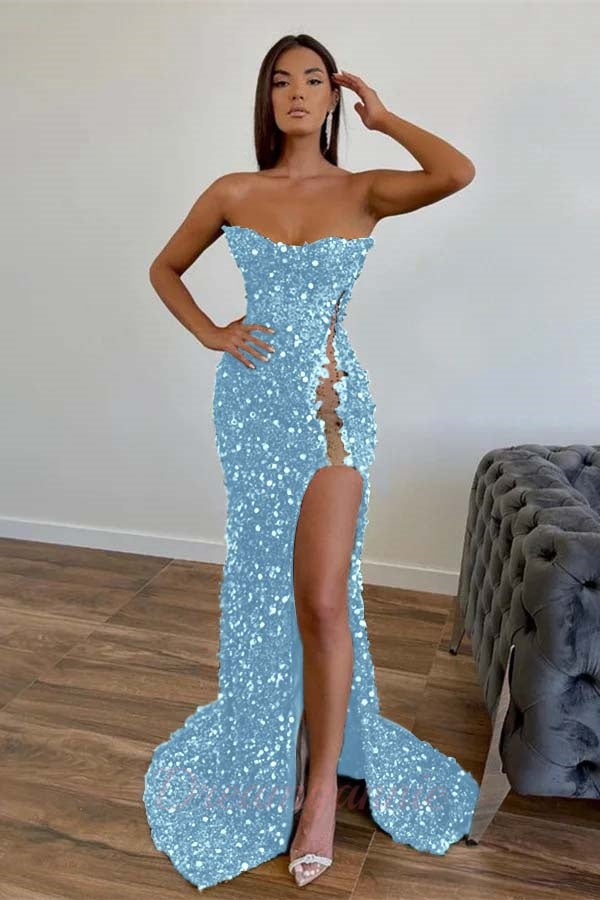 Strapless Sequined Prom Dress Mermaid Beaded Evening Dress With Split