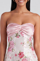 Strapless Sequins Floral Tight Short Sparkly Light Pink Homecoming Dress