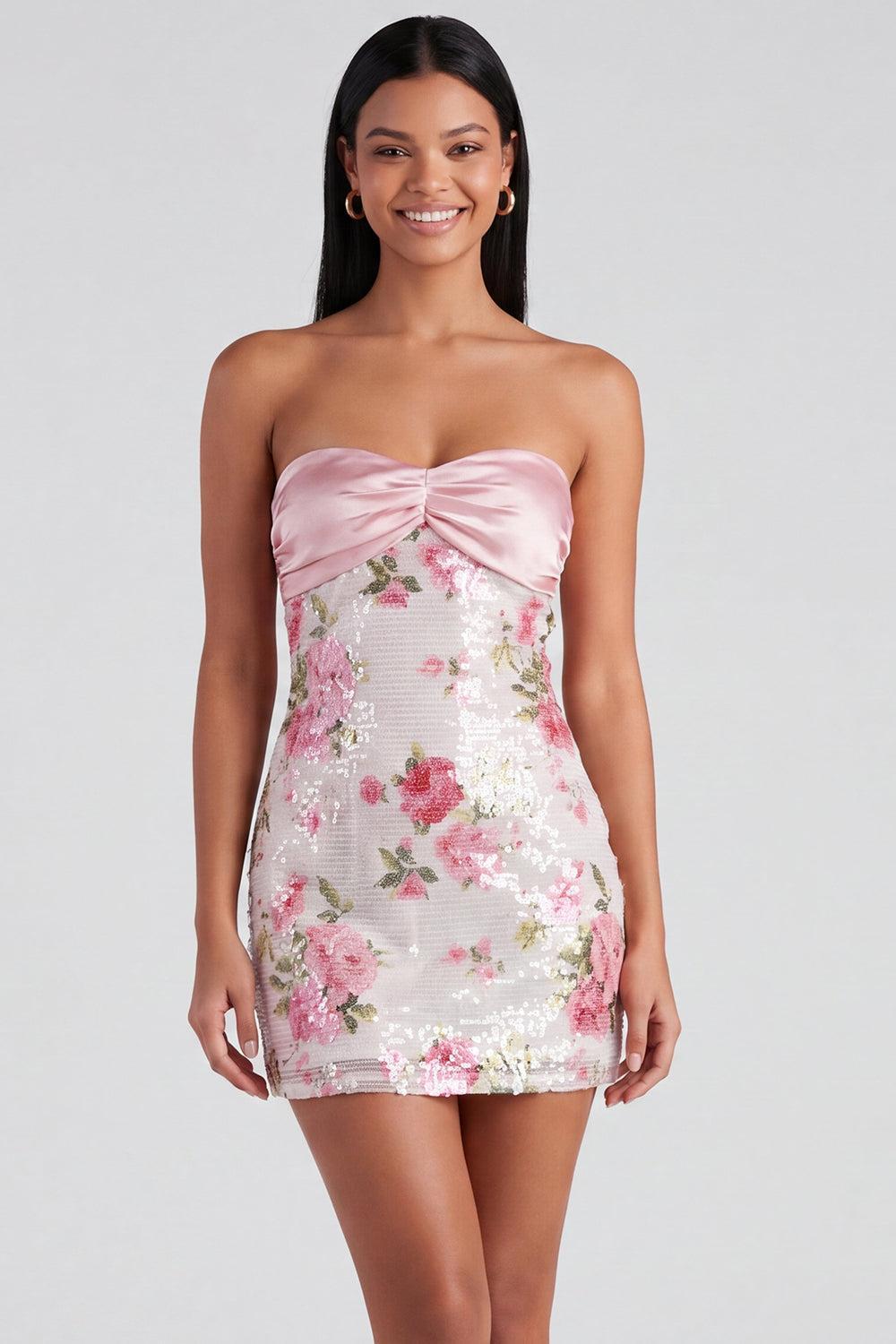 Strapless Sequins Floral Tight Short Sparkly Light Pink Homecoming Dress