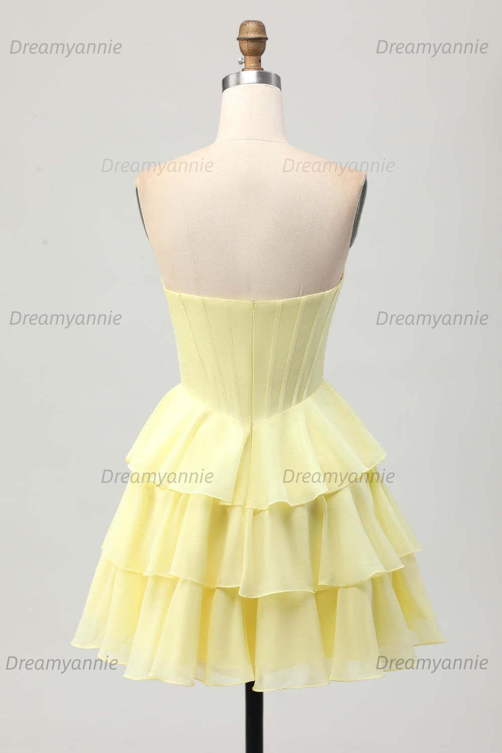 Strapless Sheer Bodice Tiered Short Homecoming Dress with Crystal