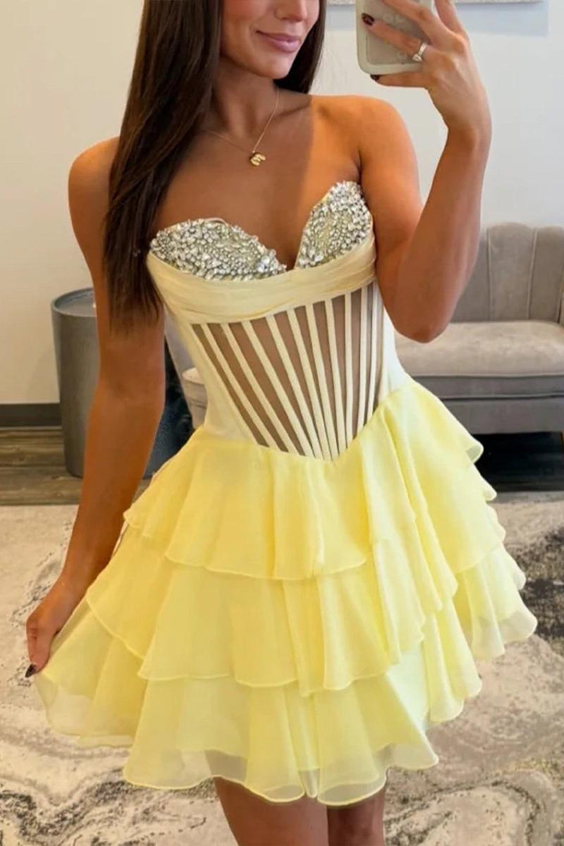 Strapless Sheer Bodice Tiered Short Homecoming Dress with Crystal