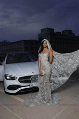 Strapless Silver Prom Dress Sequined Tulle Mermaid Formal Evening Dress