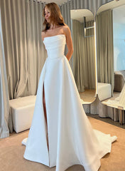 Strapless Sleeveless Court Train Satin Wedding Dress With Split Front
