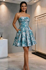 Strapless Sweetheart Floral Brocade Mini Dress with Pockets Homecoming Dresses