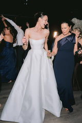 Strapless Satin Wedding Dress A Line Sleeveless Bridal Gown with Detachable Lace Top