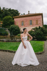 Strapless Satin Wedding Dress A Line Sleeveless Bridal Gown with Detachable Lace Top