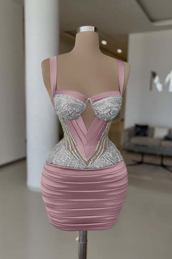 Straps Sleeveless Homecoming Dress Short Cocktail Dress With Pleated Beading