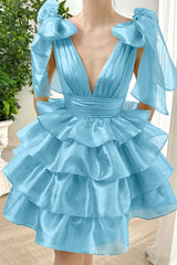 Straps V Neck Homecoming Dress Sleeveless Short Cocktail Dress With Ruffles