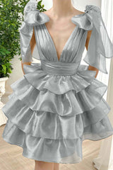 Straps V Neck Homecoming Dress Sleeveless Short Cocktail Dress With Ruffles