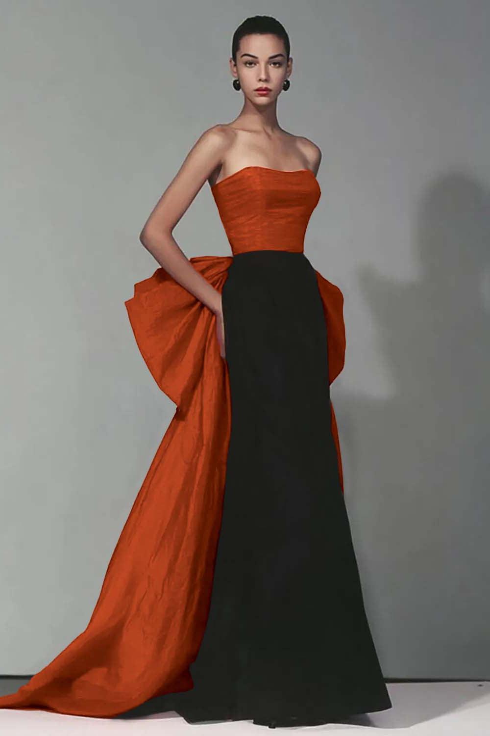 Stunning Black And Red Strapless Long Mermaid Prom Dress With Bow