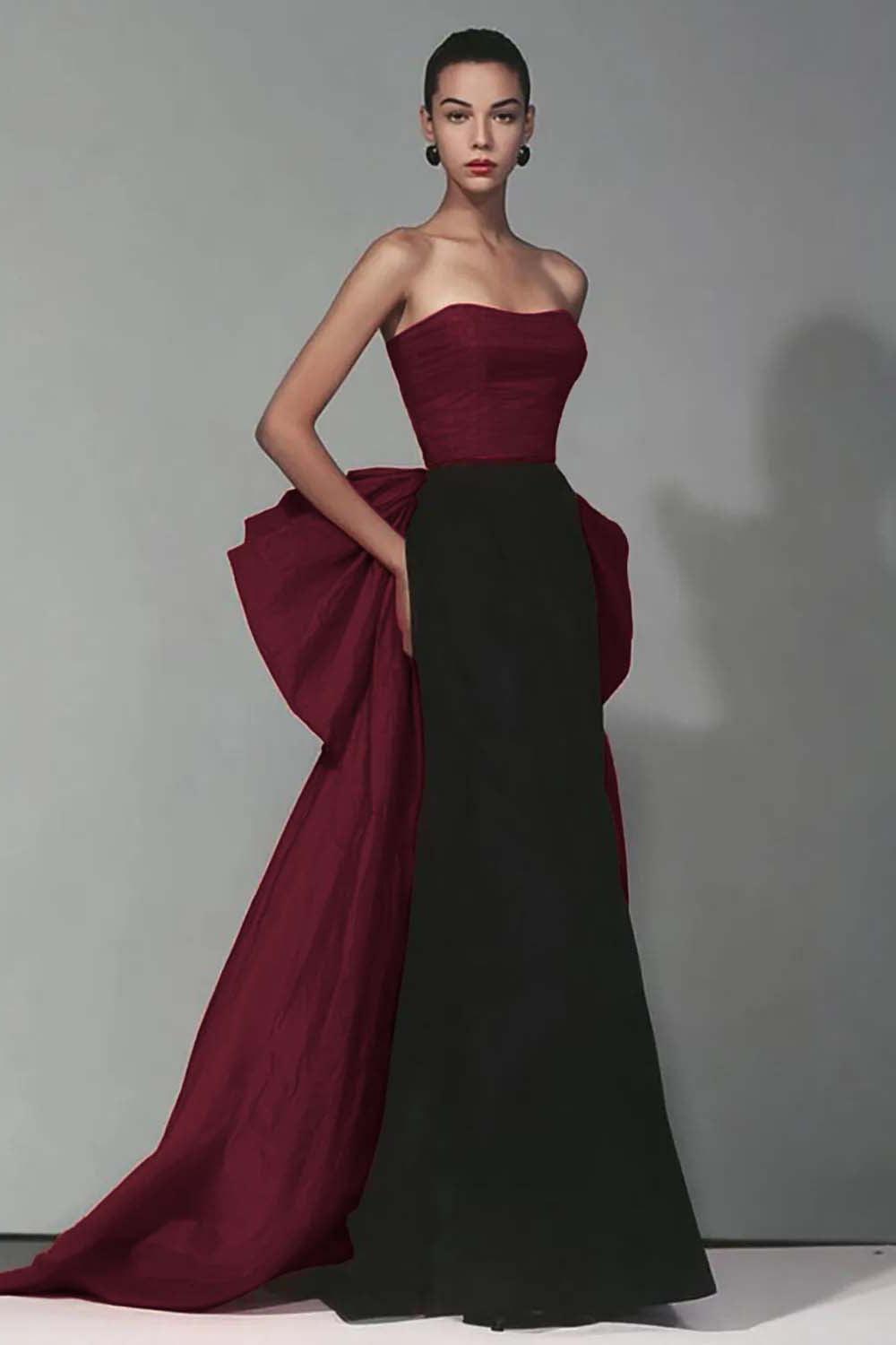 Stunning Black And Red Strapless Long Mermaid Prom Dress With Bow