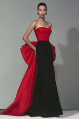 Stunning Black And Red Strapless Long Mermaid Prom Dress With Bow