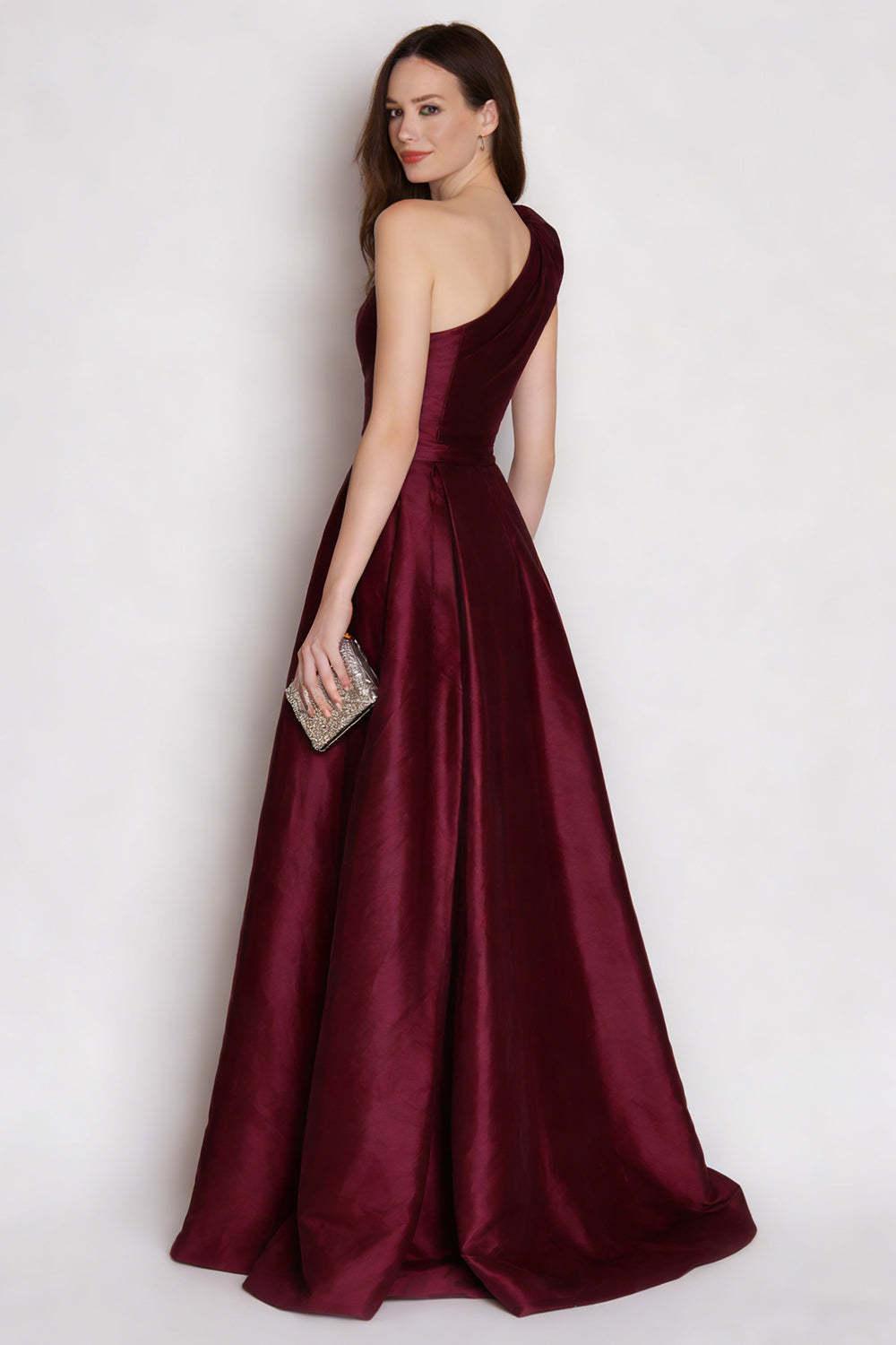 Stunning Burgundy One Shoulder A Line Long Satin Prom Dress