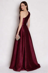 Stunning Burgundy One Shoulder A Line Long Satin Prom Dress