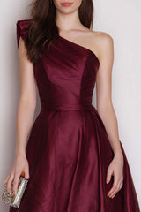 Stunning Burgundy One Shoulder A Line Long Satin Prom Dress
