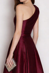 Stunning Burgundy One Shoulder A Line Long Satin Prom Dress