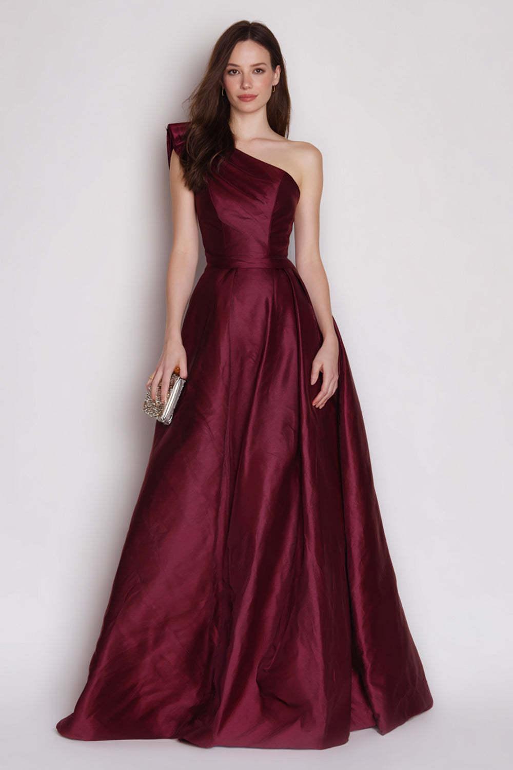 Stunning Burgundy One Shoulder A Line Long Satin Prom Dress