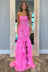 Stunning Mermaid Strapless Zipper Back Lace Corset Prom Dress With Ruffle Skirt Formal Evening Gown