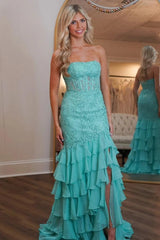 Stunning Mermaid Strapless Zipper Back Lace Corset Prom Dress With Ruffle Skirt Formal Evening Gown