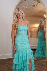 Stunning Mermaid Strapless Zipper Back Lace Corset Prom Dress With Ruffle Skirt Formal Evening Gown