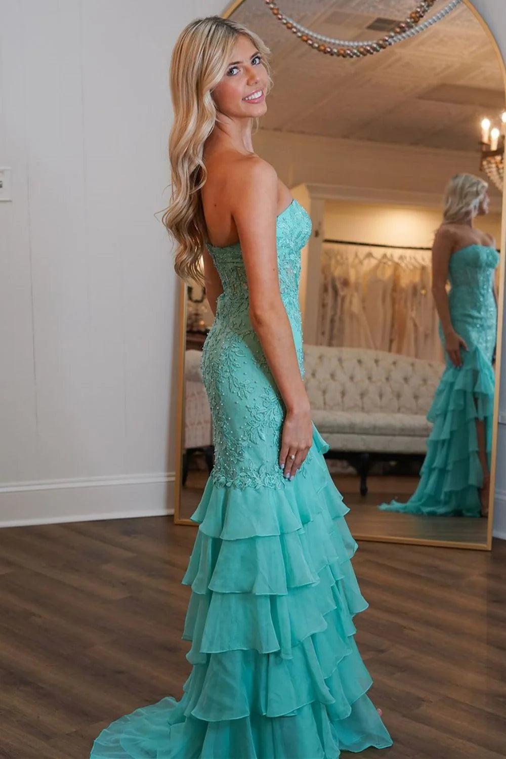 Stunning Mermaid Strapless Zipper Back Lace Corset Prom Dress With Ruffle Skirt Formal Evening Gown
