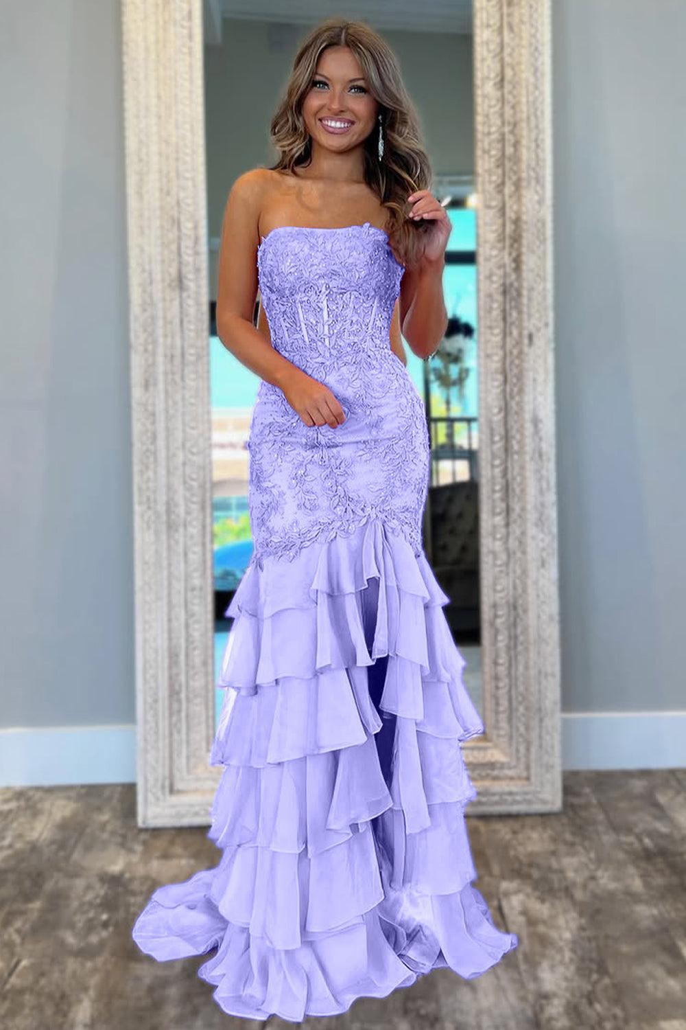 Stunning Mermaid Strapless Zipper Back Lace Corset Prom Dress With Ruffle Skirt Formal Evening Gown
