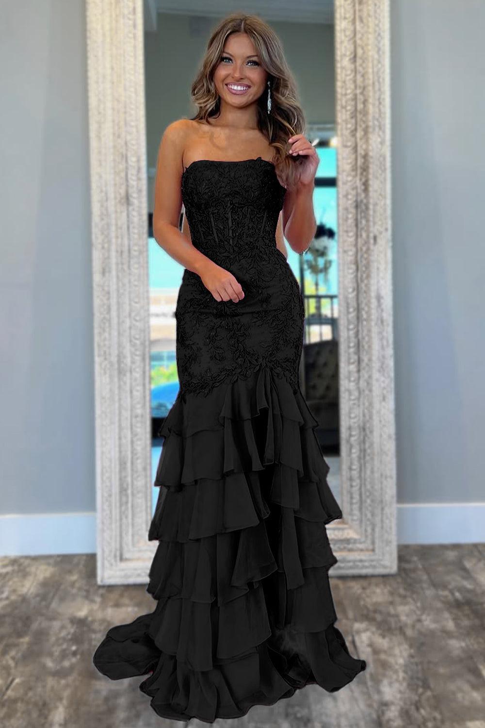 Stunning Mermaid Strapless Zipper Back Lace Corset Prom Dress With Ruffle Skirt Formal Evening Gown