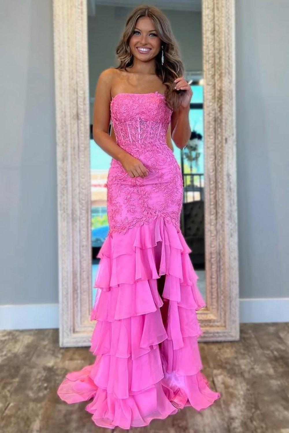 Stunning Mermaid Strapless Zipper Back Lace Corset Prom Dress With Ruffle Skirt Formal Evening Gown
